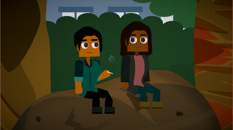 Rose and Jackie sit on a rock after Jackie’s slam poetry performance.
